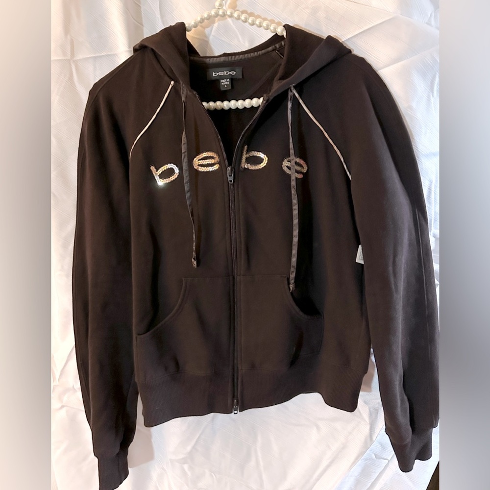 Brown Hooded Bebe  Jacket w/Gold Sequins across front “Size L” Great Condition